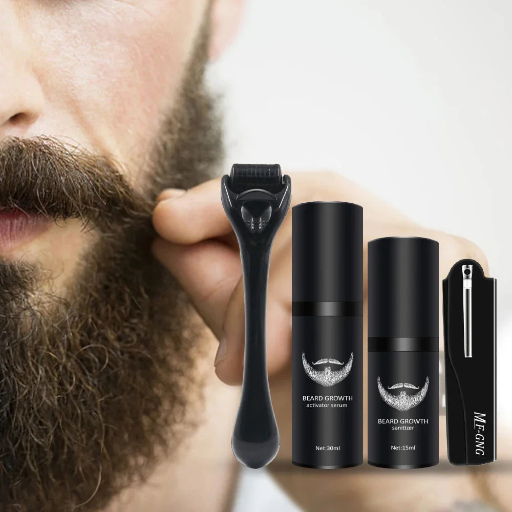 Kit de toilettage de la barbe comprenant des outils de coiffage et des contenants de produits noirs.