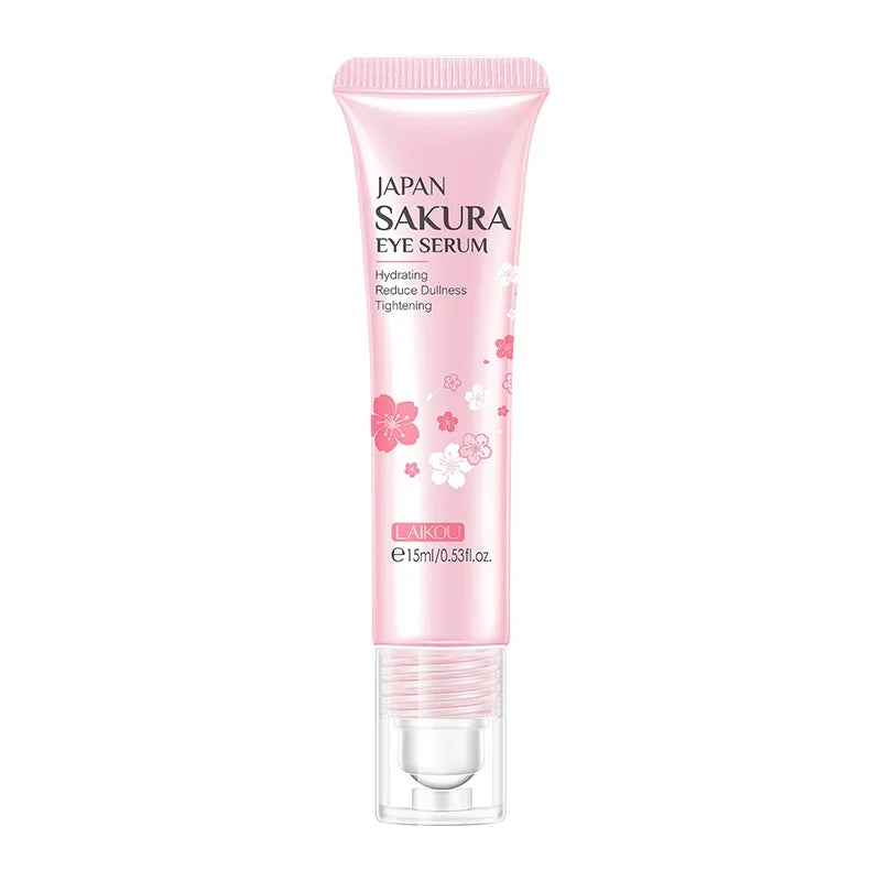 Tube de sérum pour les yeux Sakura rose avec motif de fleurs de cerisier.