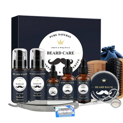 Kit de toilettage pour l’entretien de la barbe comprenant un nettoyant, un revitalisant, des huiles, un baume, une brosse, un peigne et des ciseaux.