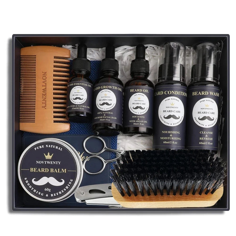 Kit de toilettage de la barbe contenant des huiles, du baume, des brosses, des ciseaux et un peigne en bois.