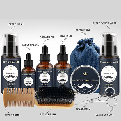 Kit complet de toilettage de la barbe avec huiles, baume, nettoyant, brosse, peigne, ciseaux et sac de rangement.