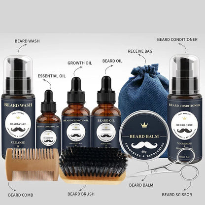 Kit complet de toilettage de la barbe comprenant des huiles, un baume, un nettoyant, un revitalisant, un peigne, une brosse et des ciseaux.