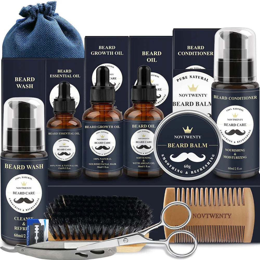 Kit complet de toilettage et d’entretien de la barbe comprenant des huiles, un baume, un nettoyant, un revitalisant, une brosse, un peigne et des ciseaux.