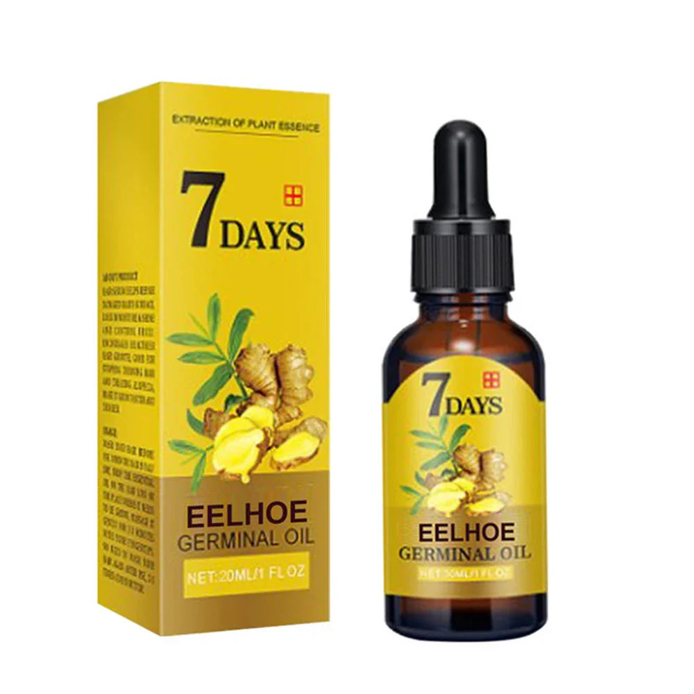 Flacon compte-gouttes ’7 Days Eelhoe Germinal Oil’ à l’imagerie de la plante de gingembre, emballé en jaune.