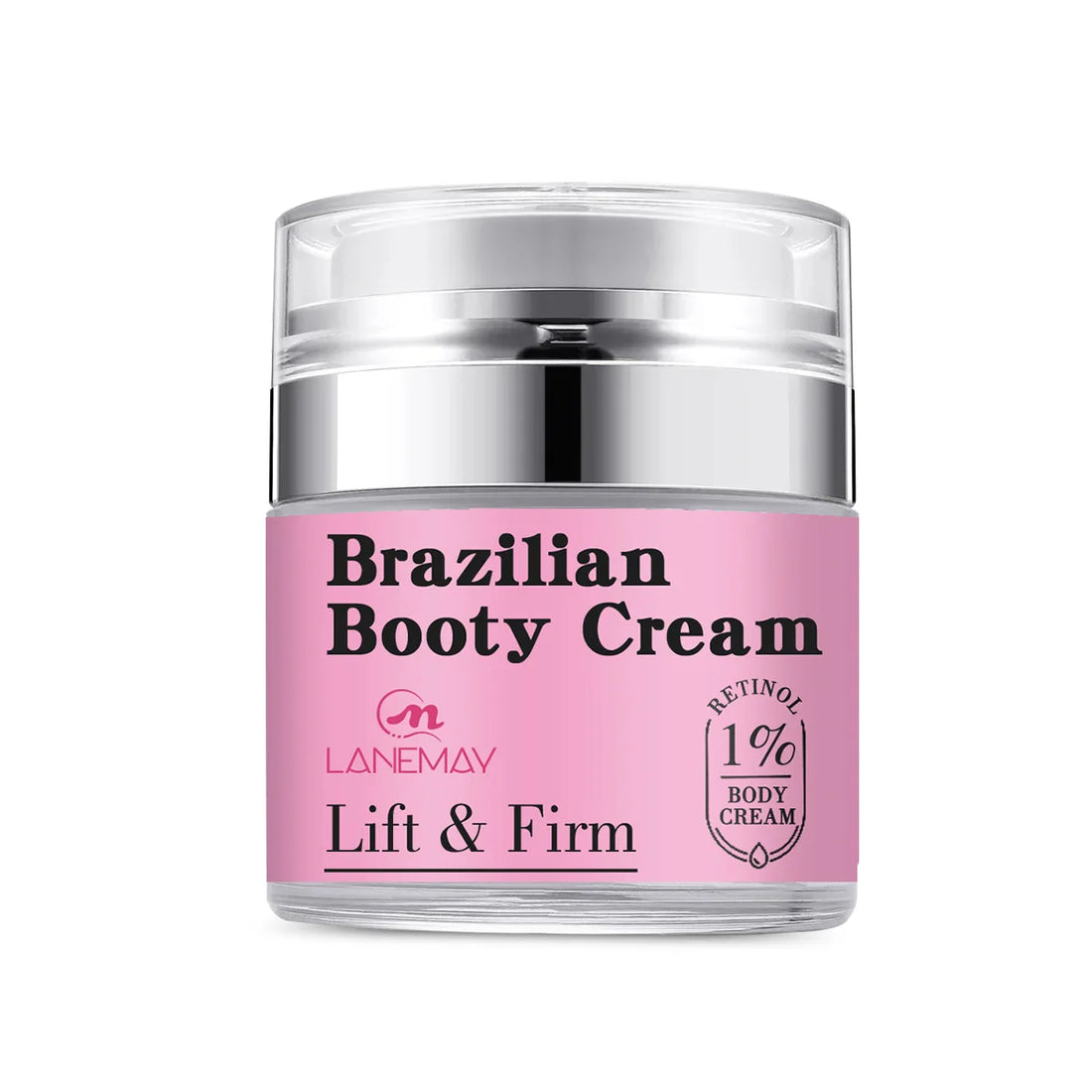 Pot rose de crème brésilienne pour les fesses, étiquetée ’Lift &amp; Firm’ par LANEMAY.