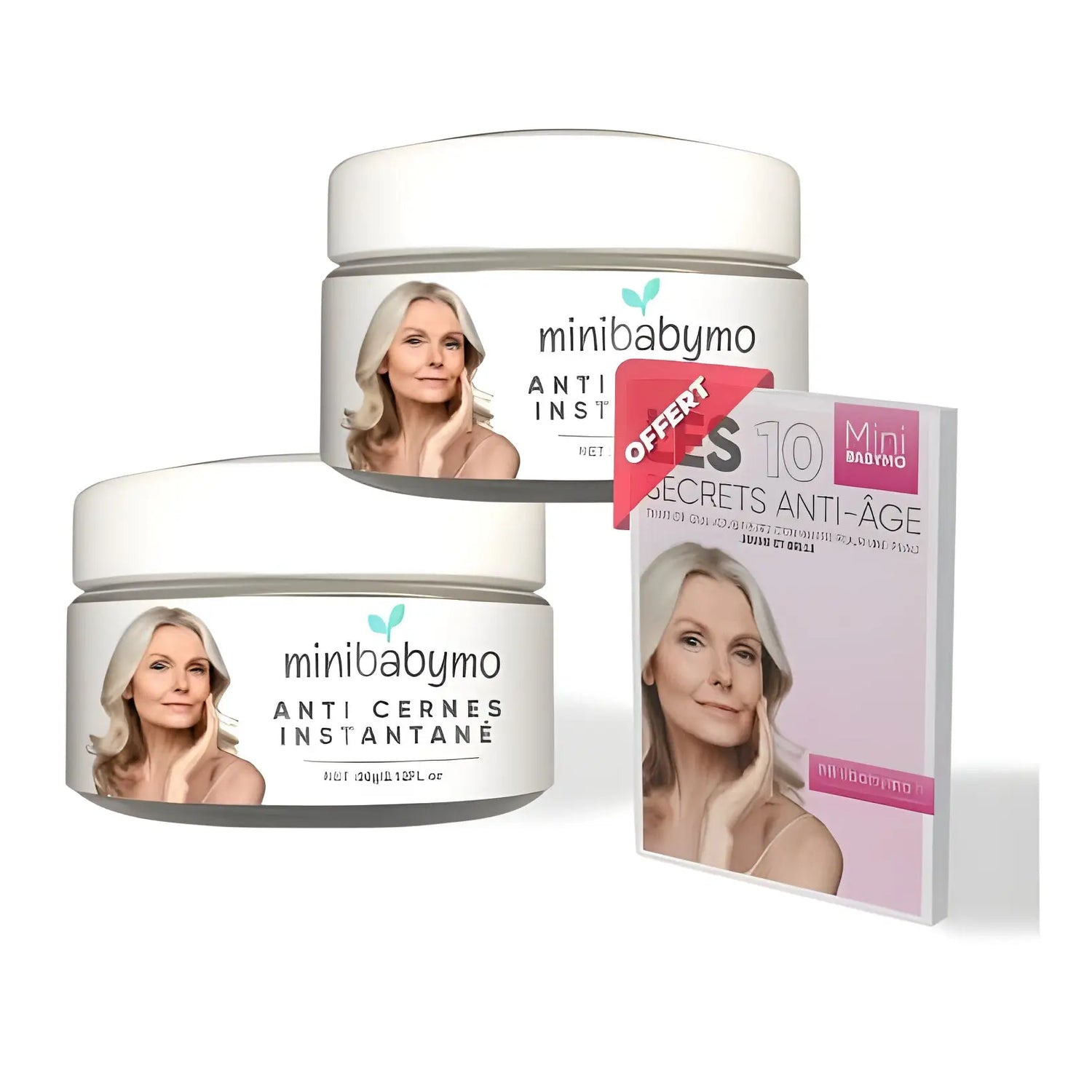 Coffret de soins anti-âge de la marque Minibabymo, composé de pots de crème et d’un livret.