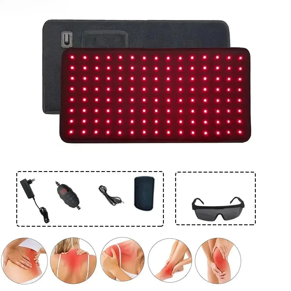 Panneau de luminothérapie LED rouge avec accessoires pour le traitement de la douleur.