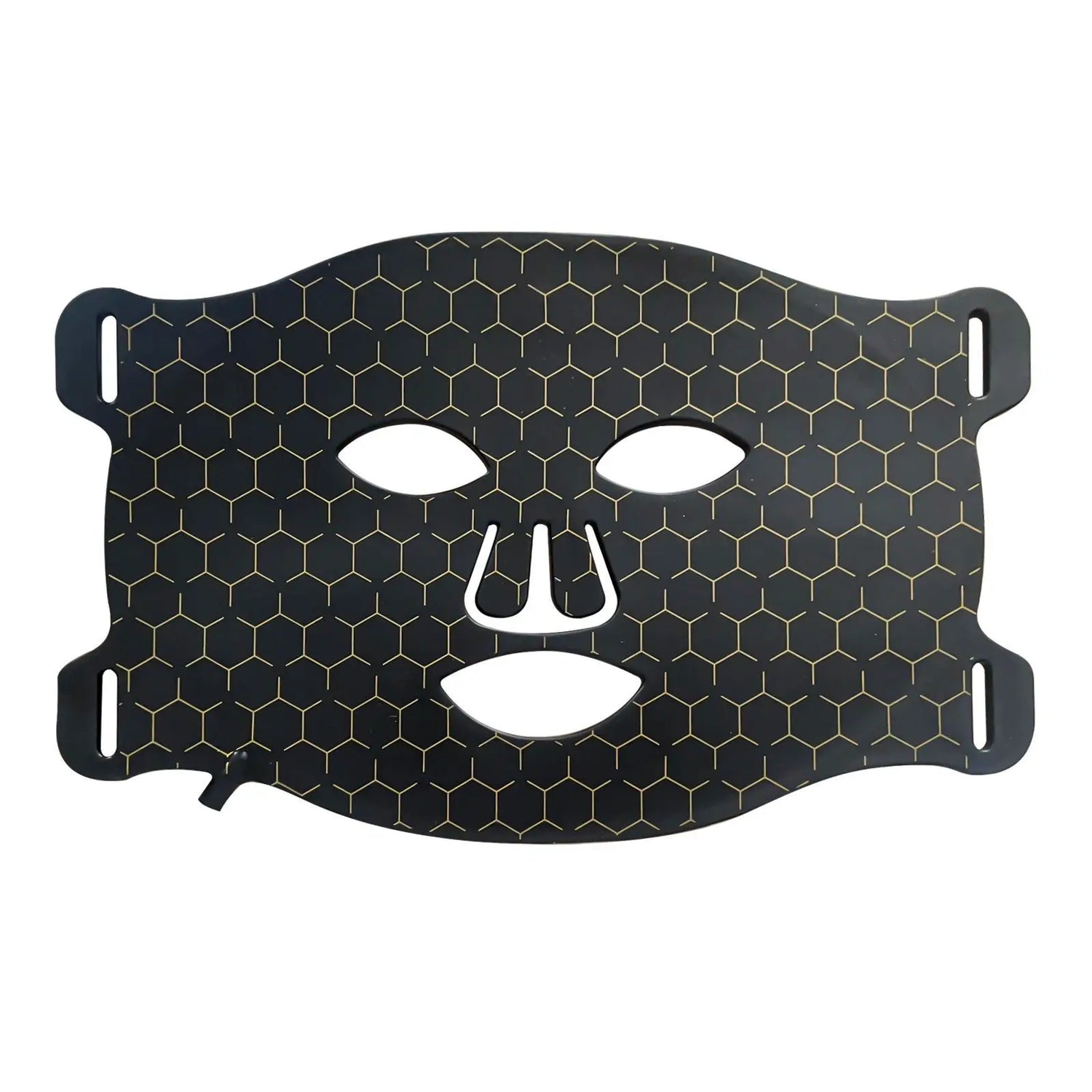 Masque facial noir avec motif hexagonal et découpes pour les yeux et la bouche.