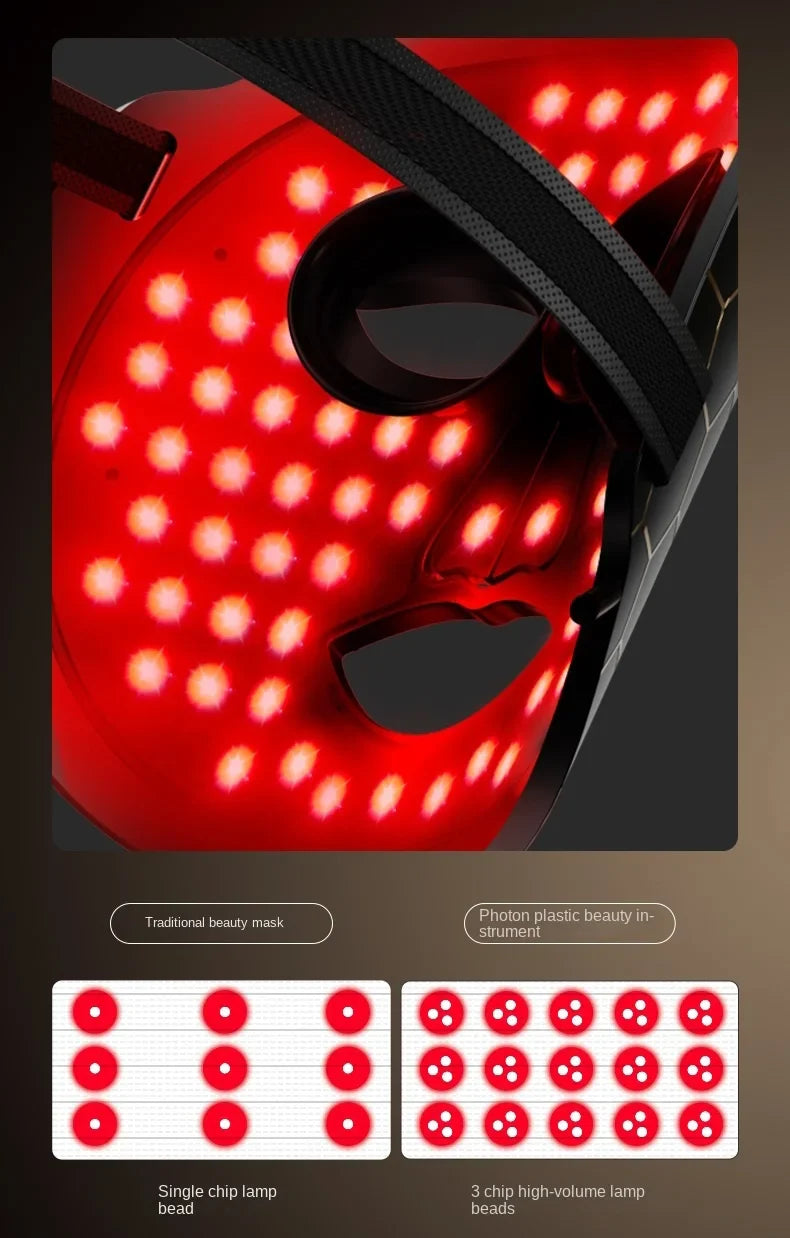 Masque de luminothérapie à LED rouges avec de multiples points lumineux disposés selon un motif.