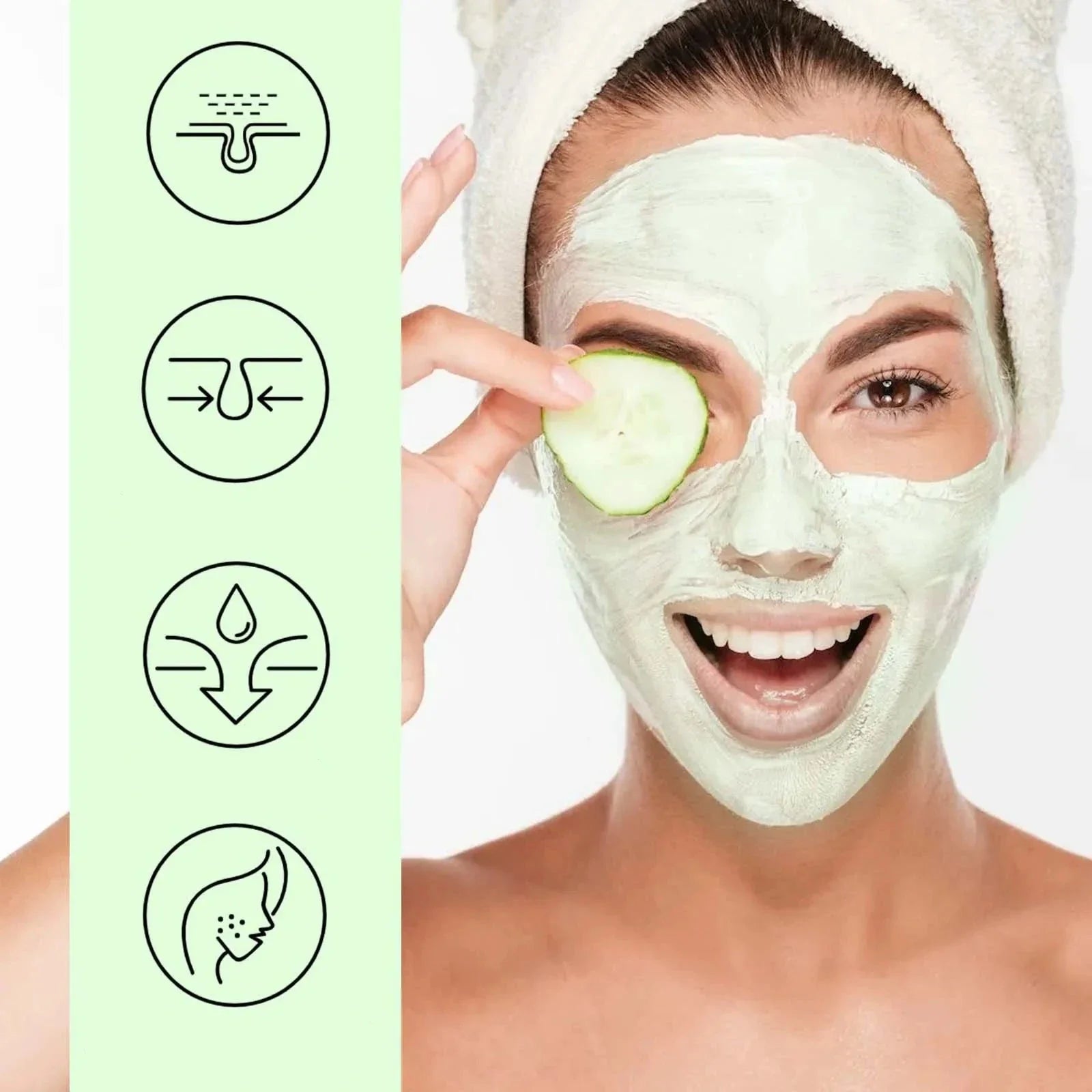 Application d’un masque facial vert à base de tranches de concombre lors d’un soin de la peau.