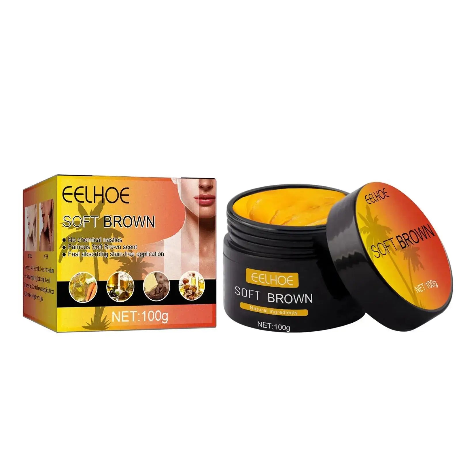 Produit de coloration capillaire en crème dans un emballage jaune et un pot noir étiqueté ’Soft Brown’.