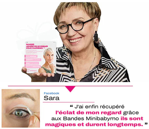 Femme souriante aux cheveux blonds courts et aux lunettes tenant une boîte de produits roses.