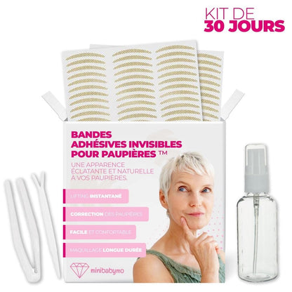 Kit contenant des bandes adhésives pour les paupières et des outils d’application pour un traitement de 30 jours.