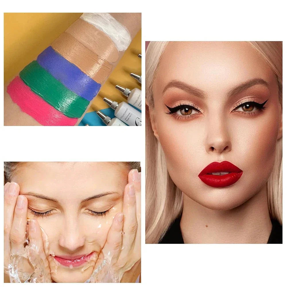 Collage d’images de beauté et de soins de la peau montrant l’application de maquillage, le nettoyage du visage et des produits cosmétiques colorés.