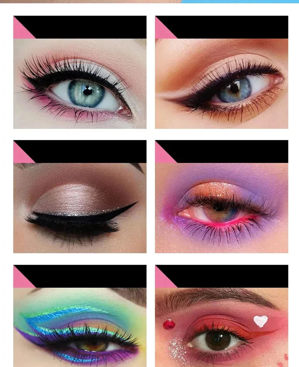 Collection de maquillages artistiques pour les yeux comprenant des ombres à paupières colorées, de l’eyeliner et des éléments décoratifs.