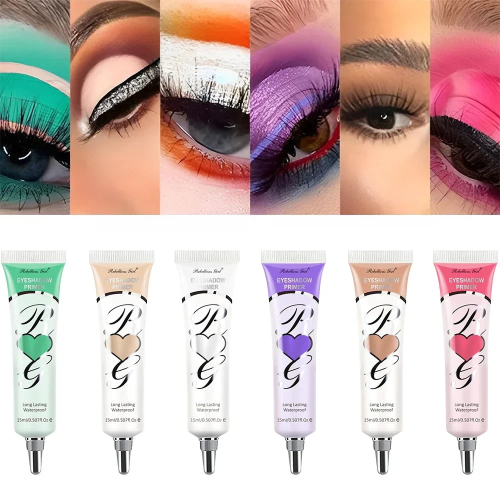 Collection d’apprêts pour ombres à paupières dans différents tubes de couleur pastel, associés à des looks de maquillage pour les yeux spectaculaires.