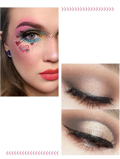 Maquillage créatif des yeux avec des cœurs roses, des paillettes, des ombres à paupières neutres et un trait d’eye-liner.