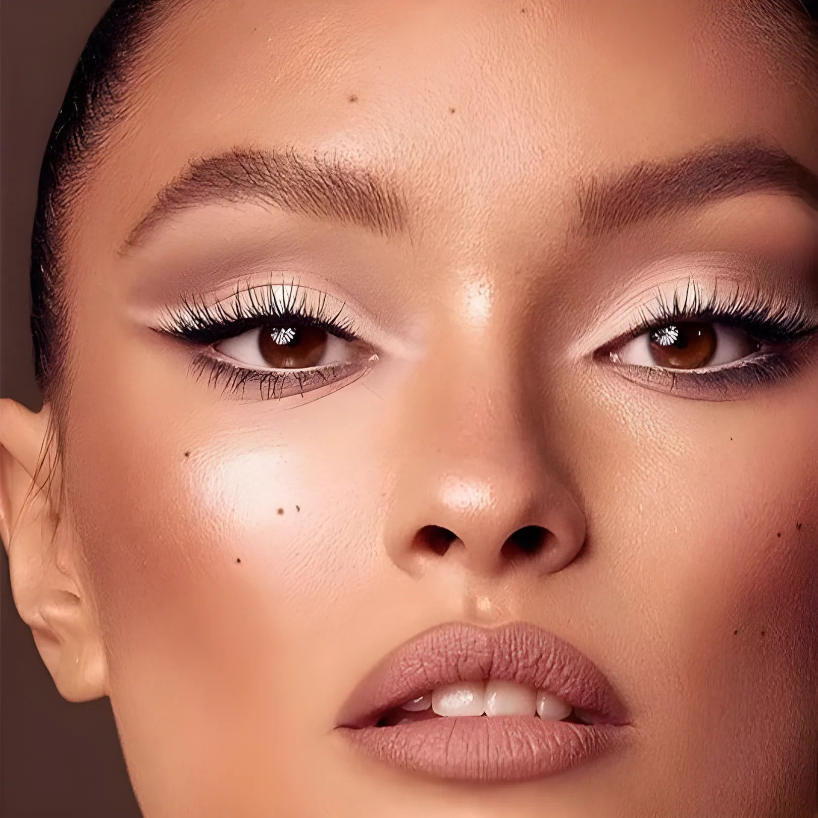 Portrait de beauté en gros plan présentant un maquillage glamour avec des faux cils dramatiques et un rouge à lèvres nude.