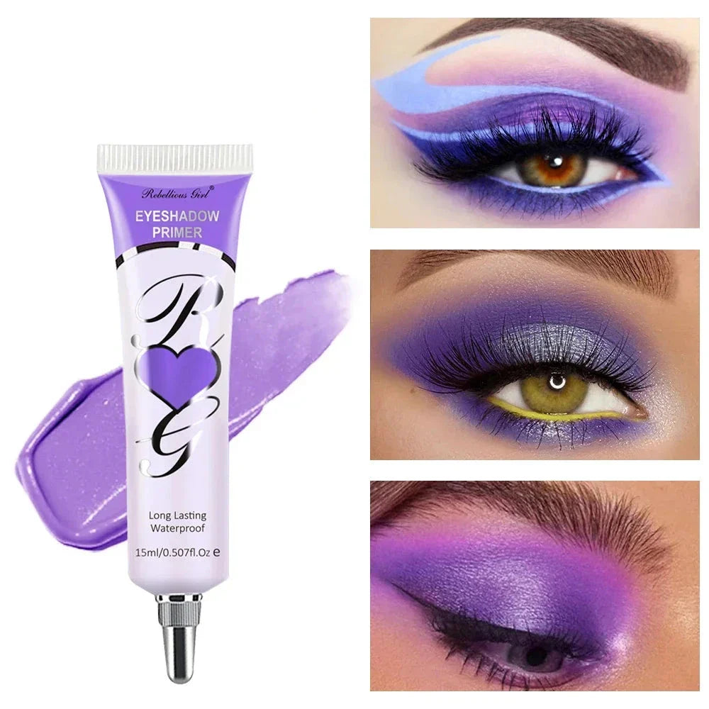 Tube de primer pour ombres à paupières violet avec un motif en forme de cœur sur l’emballage.