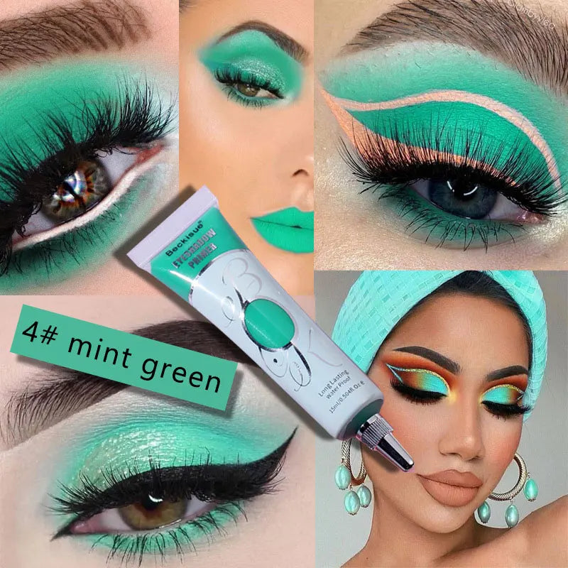 Maquillage des yeux vert menthe vibrant, avec un trait d’eye-liner dramatique et un rouge à lèvres assorti.