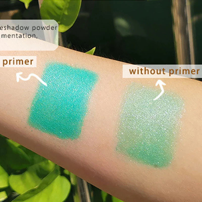 Comparaison d’échantillons de maquillage montrant l’ombre à paupières turquoise avec et sans primer sur la peau.