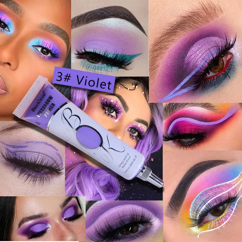 Tube de fard à paupières violet entouré de looks créatifs de maquillage pour les yeux violets et multicolores.