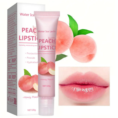 Tube de gloss rose aromatisé à la pêche avec emballage du produit et illustrations de fruits de pêche.