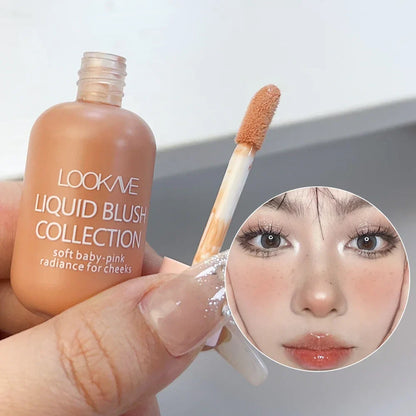 Flacon de fard à joues liquide de la marque Lookme avec applicateur et miroir circulaire.