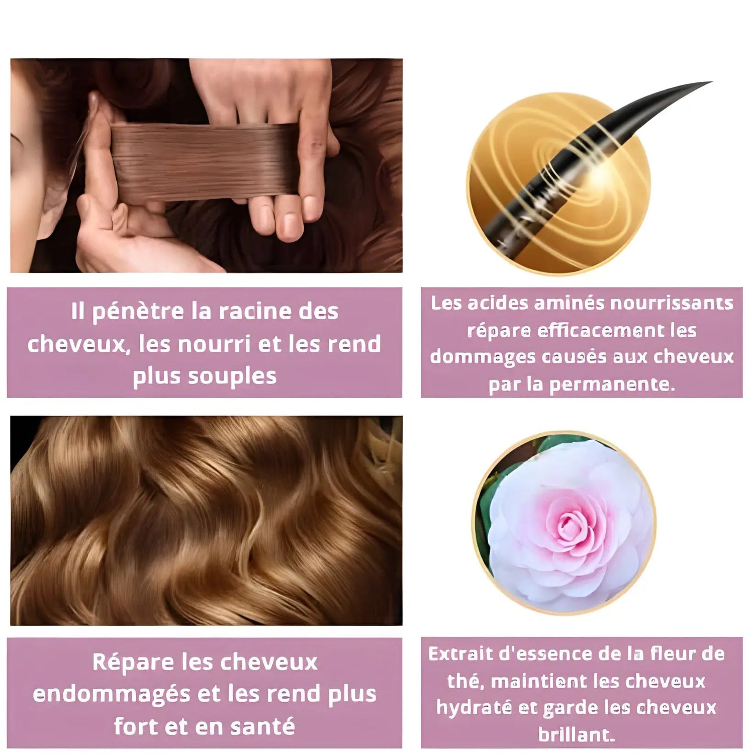 Collage des avantages des produits de soins capillaires avec texte en français et images illustratives.