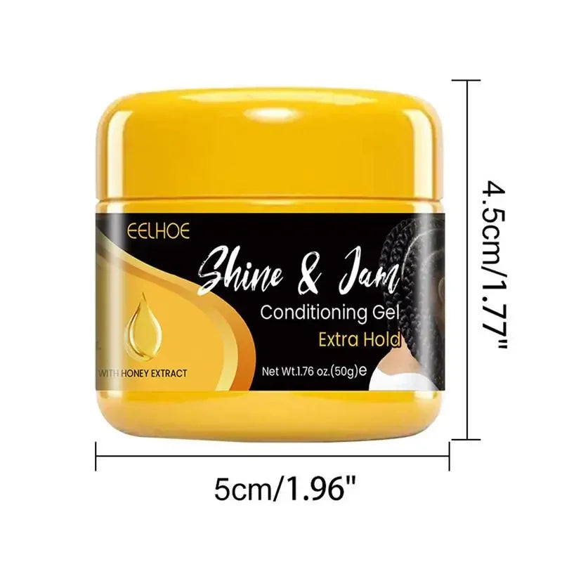 Pot jaune de gel capillaire conditionnant Eelhoe Shine &amp; Jam à l’extrait de miel.