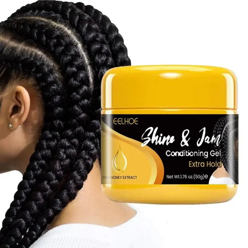 Pot jaune et noir du gel conditionneur Shine &amp; Jam à l’extrait de miel.