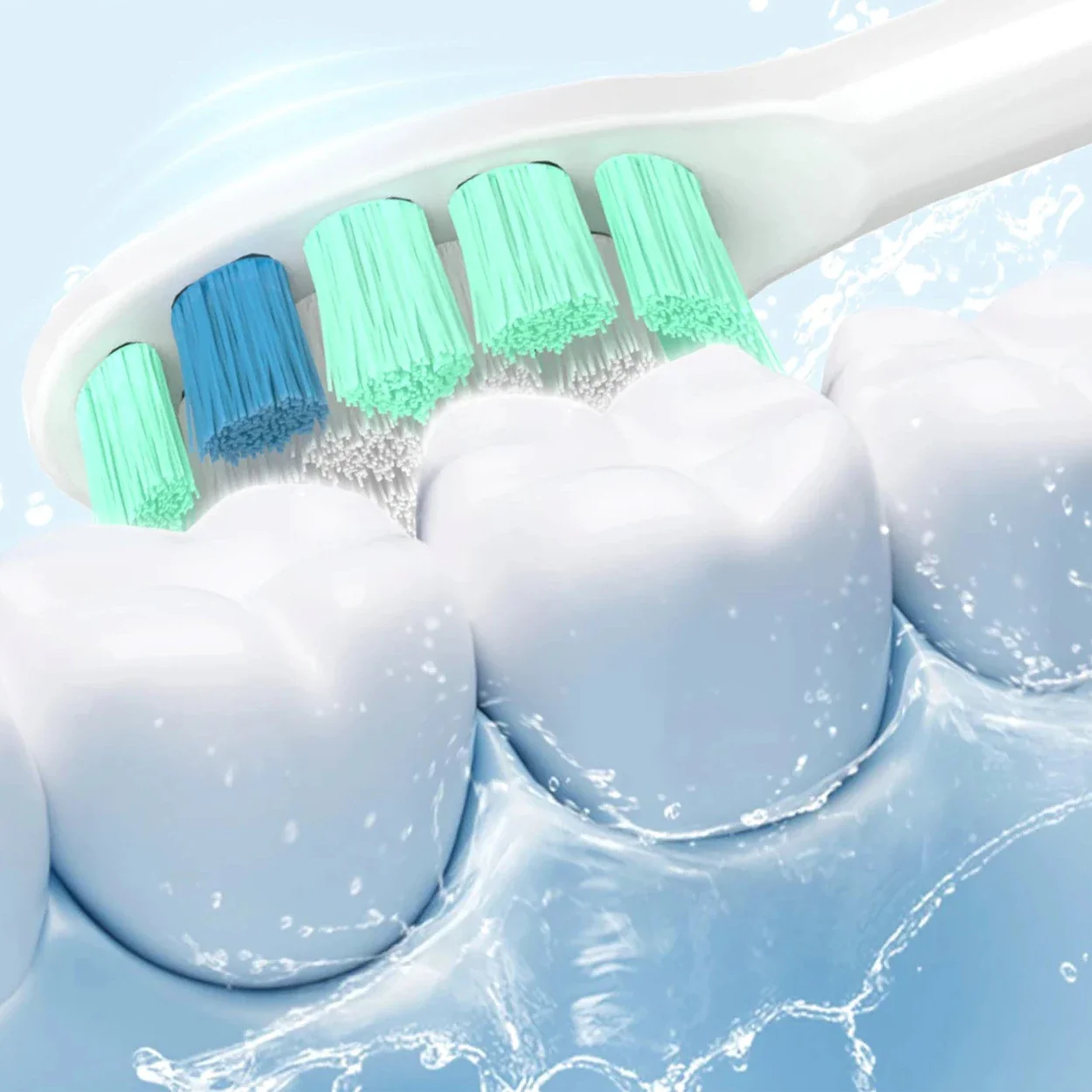 Brosse à dents avec poils vert menthe et bleu pour brosser les dents blanches.