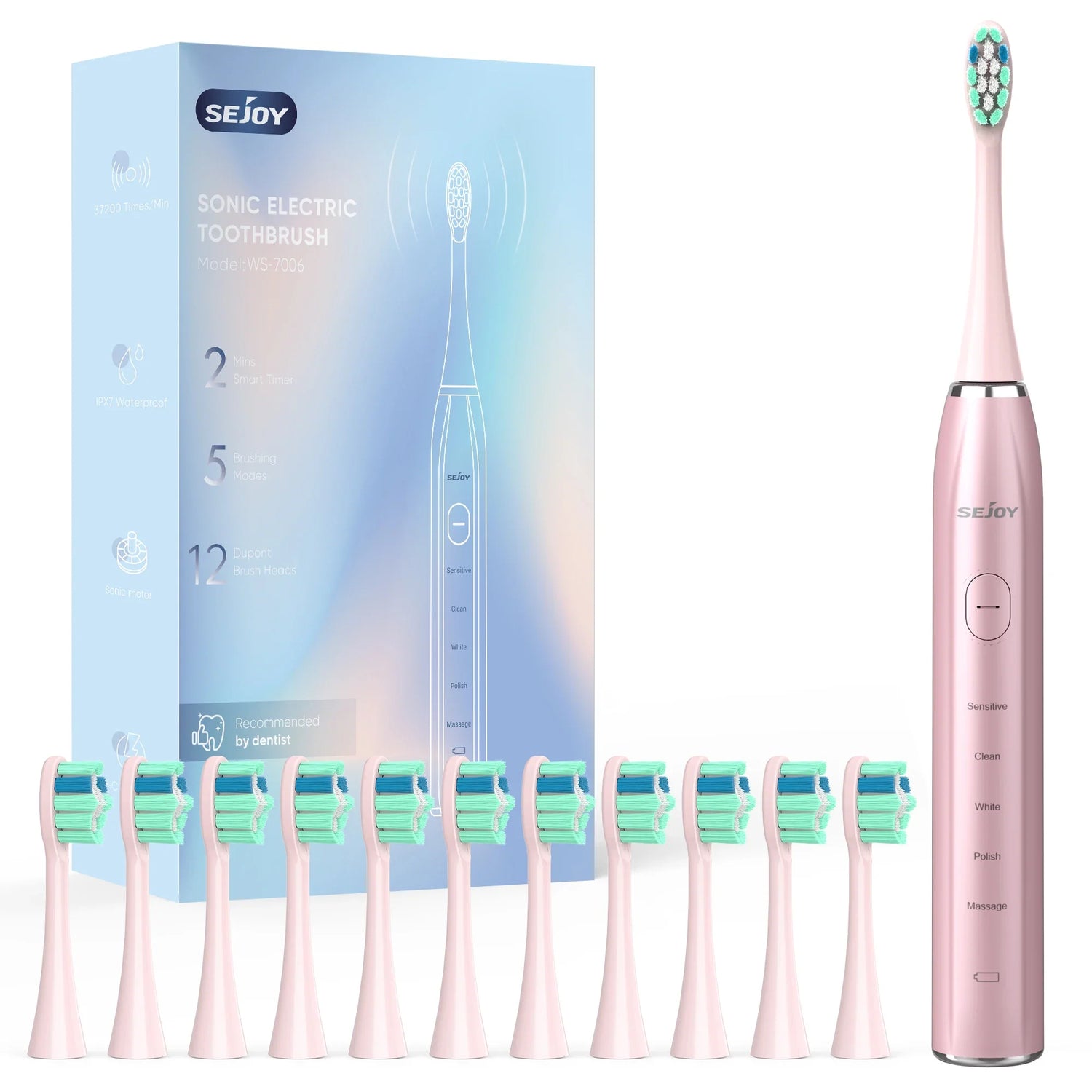 Brosse à dents électrique rose avec plusieurs têtes de brosse de rechange.