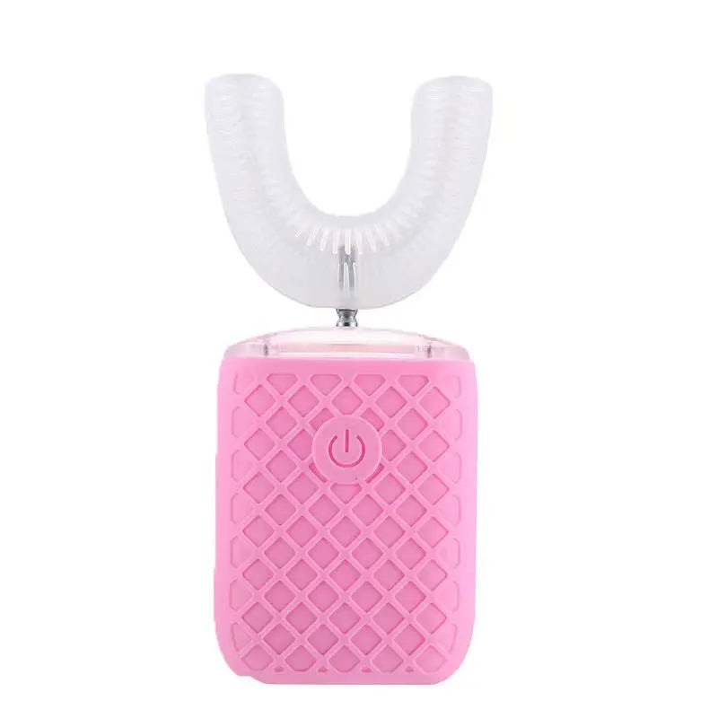 Brosse à dents électrique rose avec accessoire de blanchiment en forme de U.