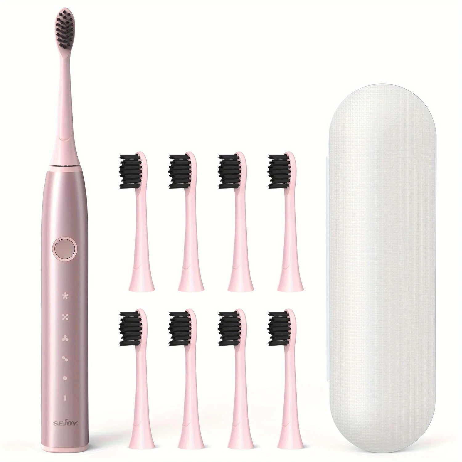 Brosse à dents électrique rose avec têtes de remplacement et étui de voyage.