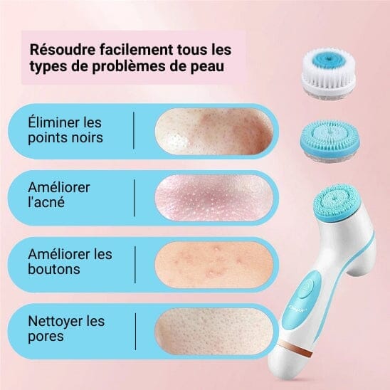 Brosse nettoyante électrique pour le visage avec têtes interchangeables pour les différents problèmes de peau.