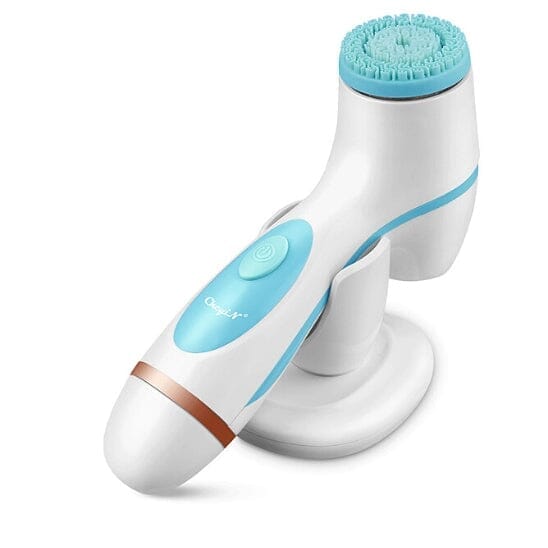 Brosse nettoyante électrique pour le visage aux couleurs blanc et bleu.