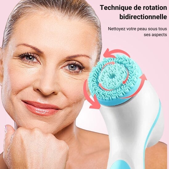 Brosse nettoyante pour le visage avec une tête rotative bleue et un manche blanc.