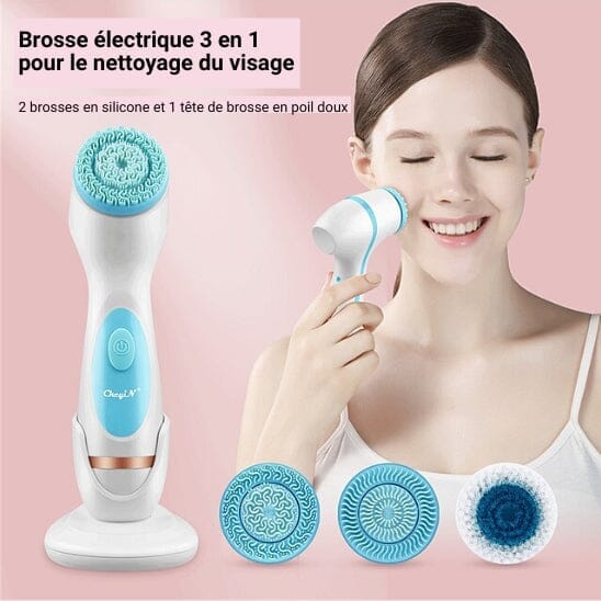 Brosse nettoyante électrique pour le visage avec têtes interchangeables en blanc et bleu.