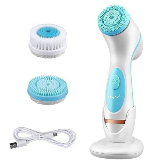 Brosse nettoyante électrique pour le visage avec têtes interchangeables et câble de chargement USB.