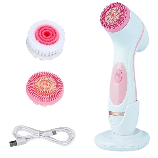 Brosse nettoyante électrique pour le visage avec têtes interchangeables et câble de chargement USB.