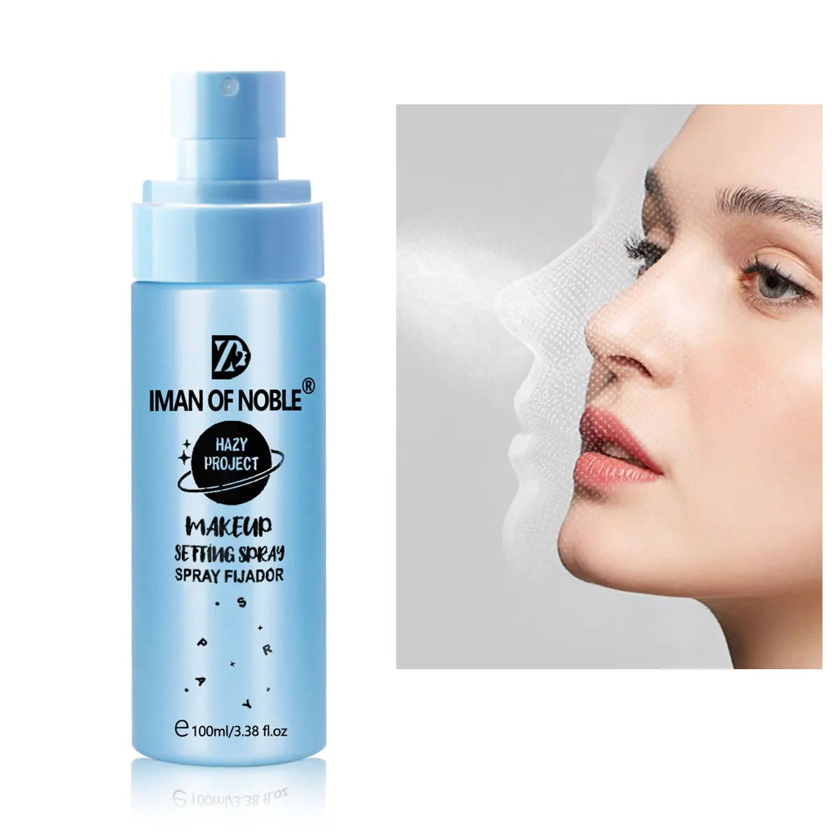 Vaporisateur de maquillage bleu clair avec la marque ’Man of Noble’.