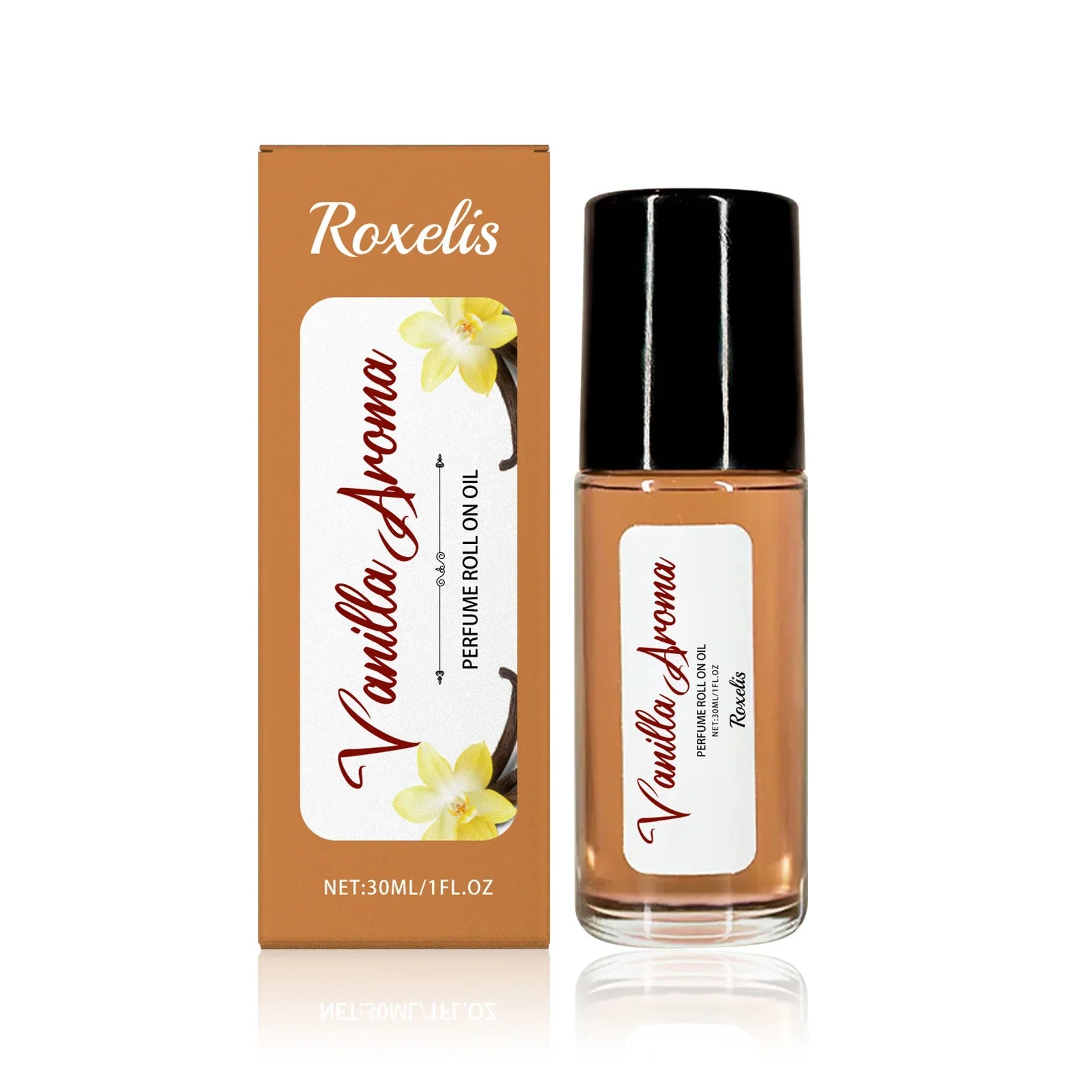 Flacon de parfum Roxelis Vanilla Aroma avec sa boîte d’emballage.