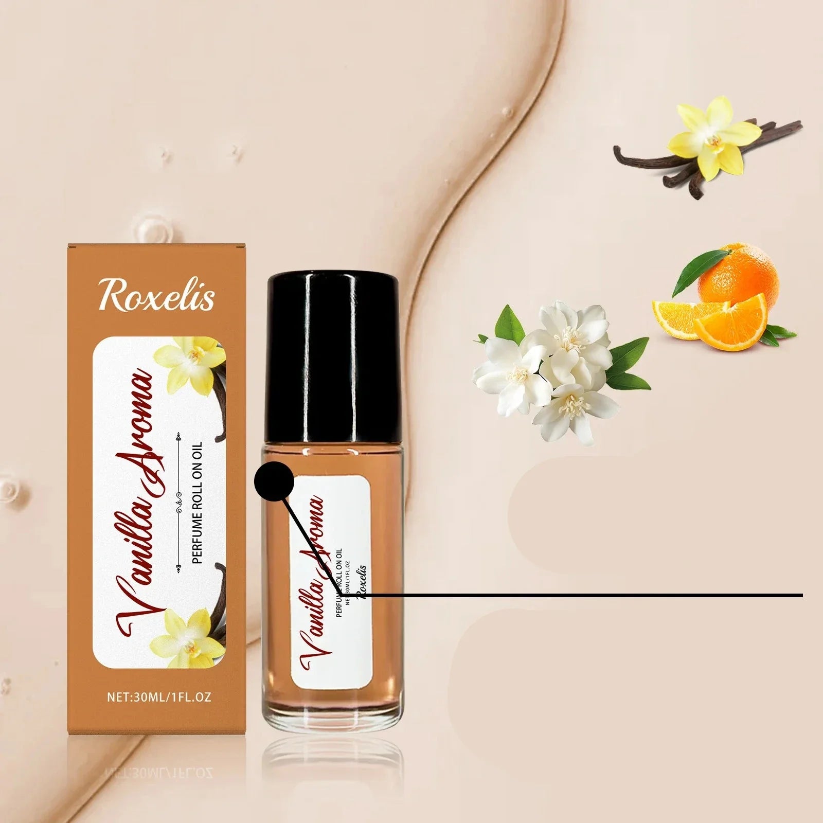 Flacon de parfum Roxelis à la vanille avec des accents d’orange et de fleurs.