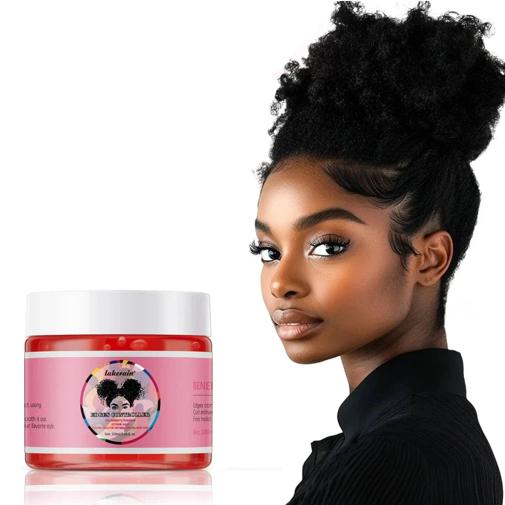 Pot rose de produit de soin capillaire avec un logo en forme de nœud noir sur l’étiquette.