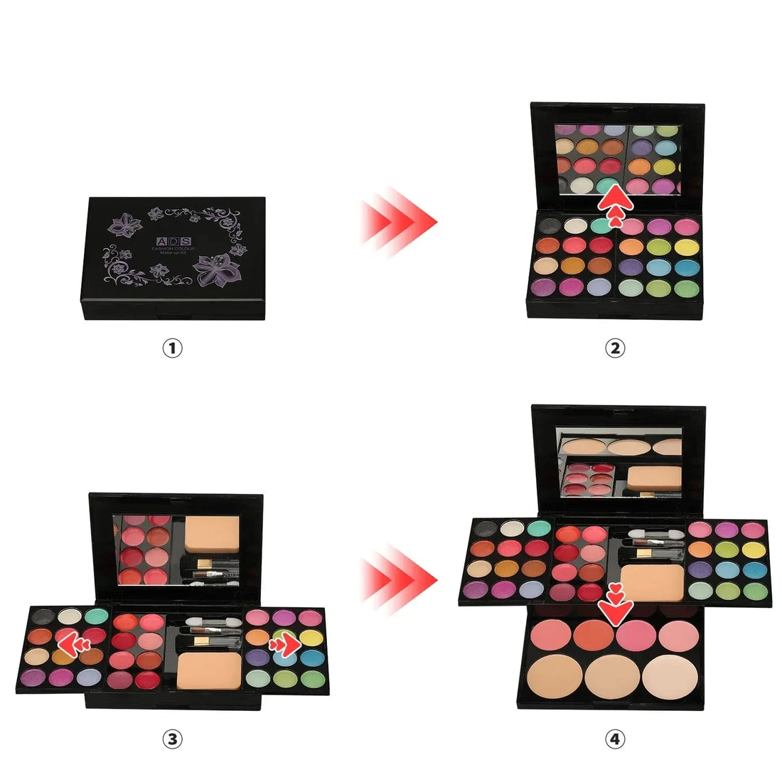 Palettes de maquillage contenant plusieurs ombres à paupières, fards à joues et poudres pour le visage dans des boîtiers noirs.