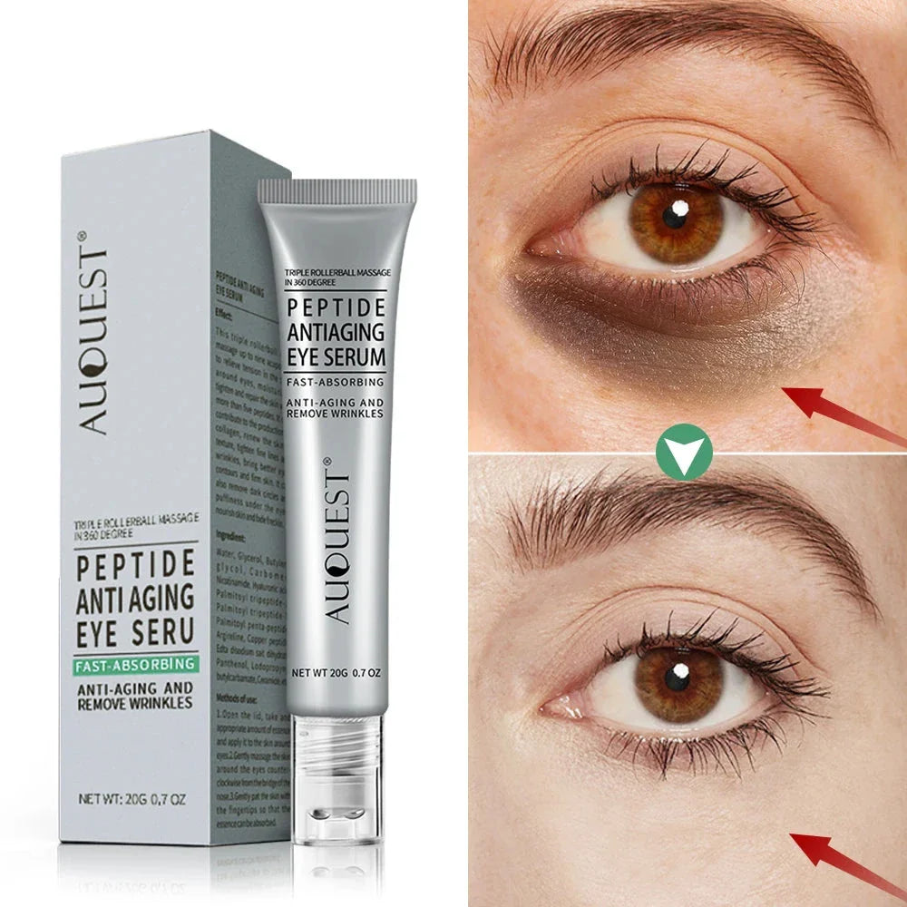 Sérum anti-âge peptidique pour les yeux dans un tube argenté avec sa boîte de produit.