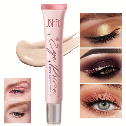 Tube rose du produit eye primer ou eye base de Lusha avec un swatch et des exemples de maquillage des yeux.