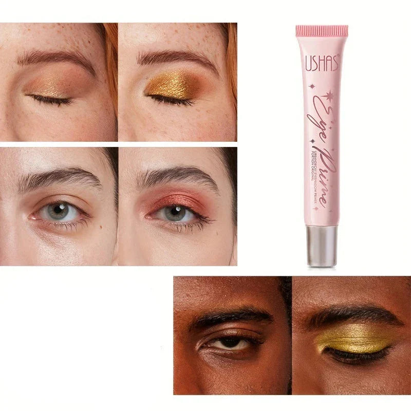 Tube rose de produit d’apprêt ou de base pour ombres à paupières présenté avec des exemples d’application de maquillage pour les yeux avant et après.