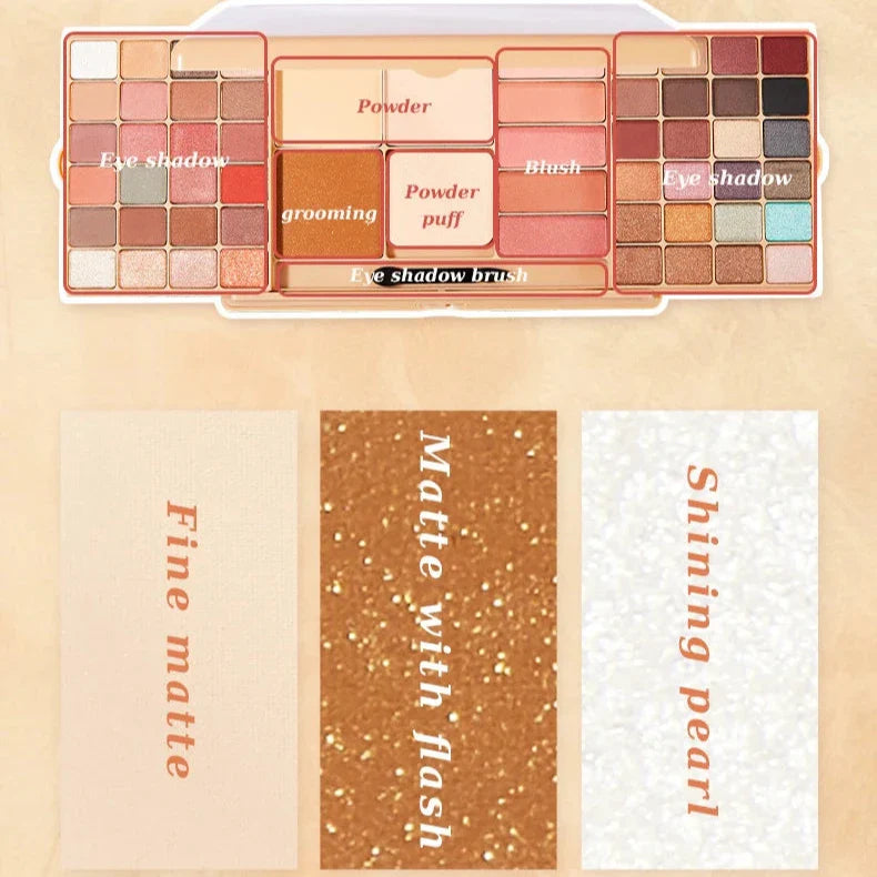 Palette de maquillage comprenant des ombres à paupières, de la poudre et du blush dans des tons neutres et rosés.